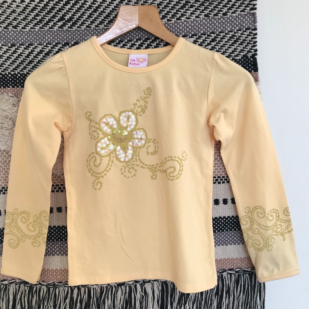 NWT Cotton Resources Yellow Printed Flower Embroidery Long Sleeves Tee Girls 7-8